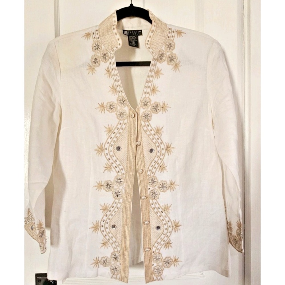 Carole Little gold metallic embroidery beaded 100% Linen buttoned Small white